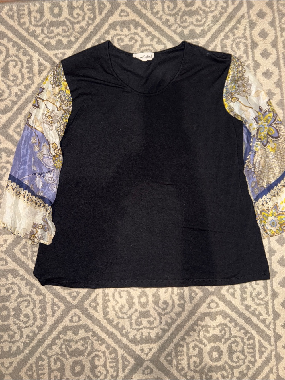 Johnny Was Black Tee with Patterned Sheer Sleeves in Blue & Yellow